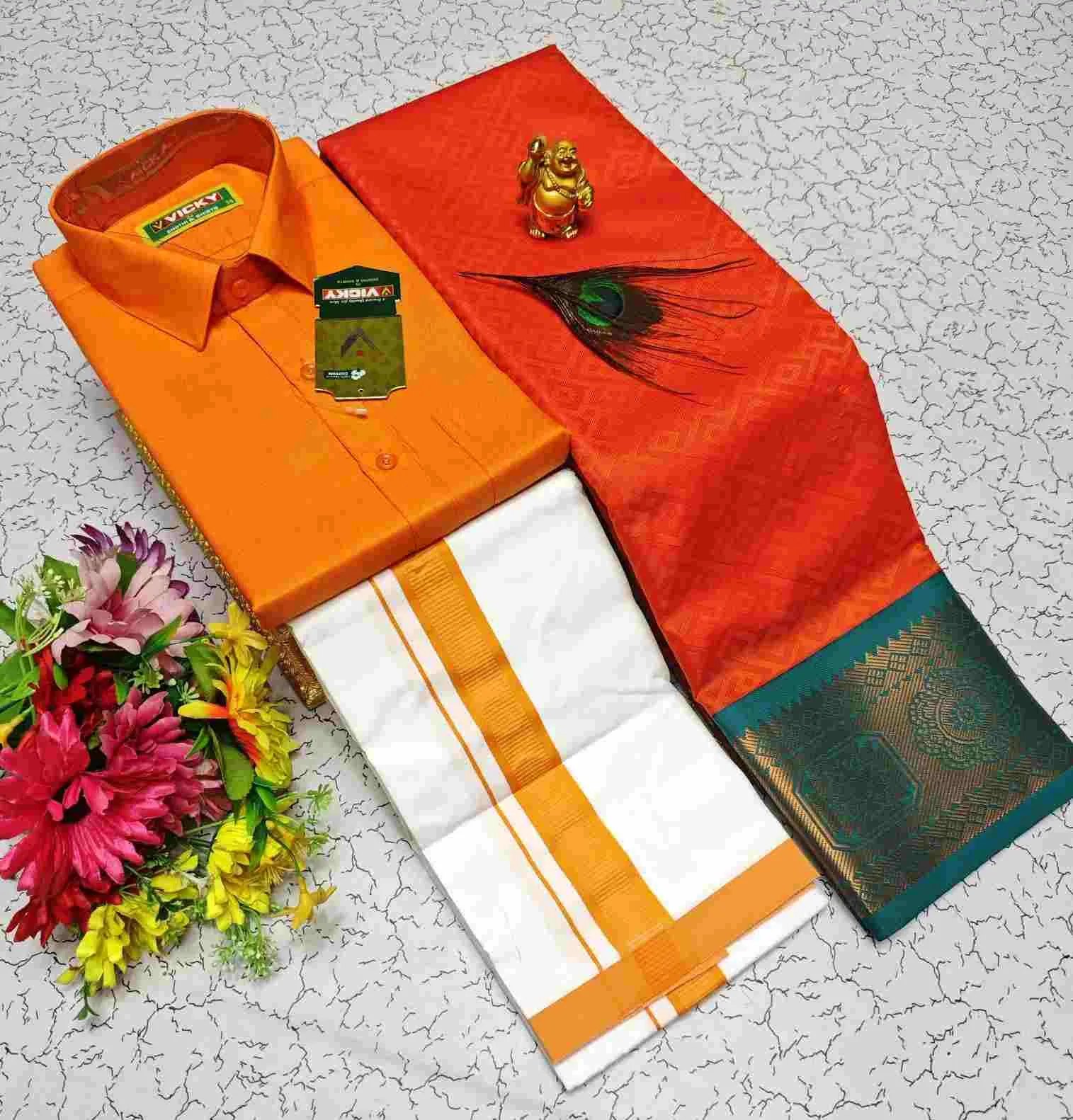 Orange Coral Contrast Kubera Silk Couple Combo